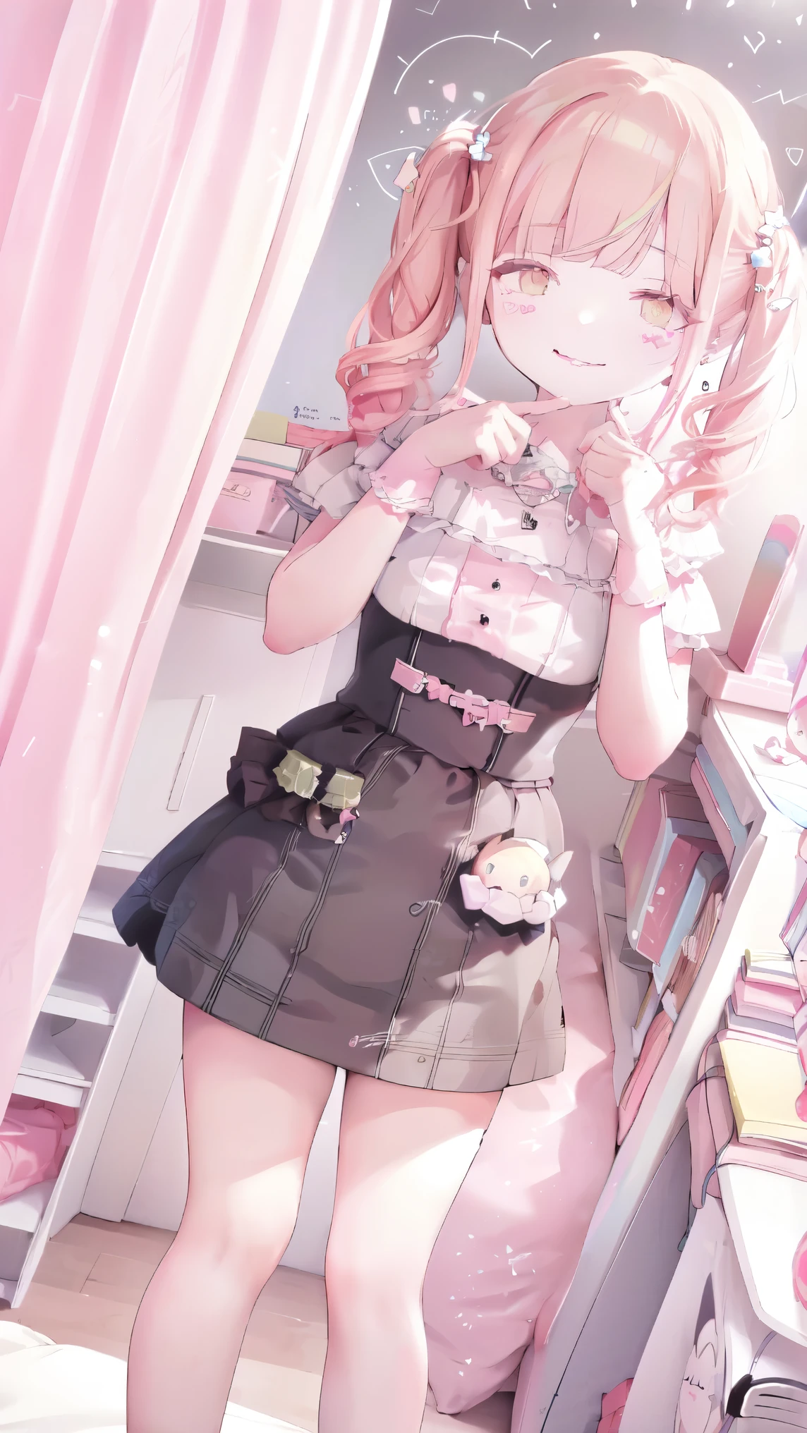 sunlight,  pastel colors,  pastel colors, , blush, blush, thighs, pink room, happy:2.0, joyful, excited, pink room, pink wall, pink wallpaper, pillow, orange hair, yellow eyes, shy, kindergarten:2.0, aged down, nursery, pink room, bedroom, animal print:4.0, bed, sylveon:3.0, young girl:3.0, pink, Alone, bangs, blush, thick lips, heart:10.0, small breasts:50.0,  chubby:500.0, fat:160.0, ( pink kawaii room )),,((pink gothic room)),(((aroused, seductive smile, blunt bangs:100.0,  bangs:100.0, standing, arm under breasts, The march, heart item, small window))), smiling:50.0, chubby, lose-up,, scrunchie, long hair, twin tails, miniskirt:20.0