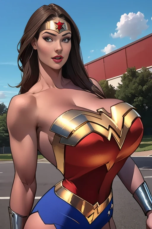 (High-definition CG), (   best quality ), (High-definition CG), (   best quality ), (Overall view)  cool and handsome face   ,   Wonder Woman costume    ,      beautiful and sexy young woman , 18 years old,       Toned and Muscular     ,  with a cool and handsome face   ,   sharp eye, Big Breasts, 