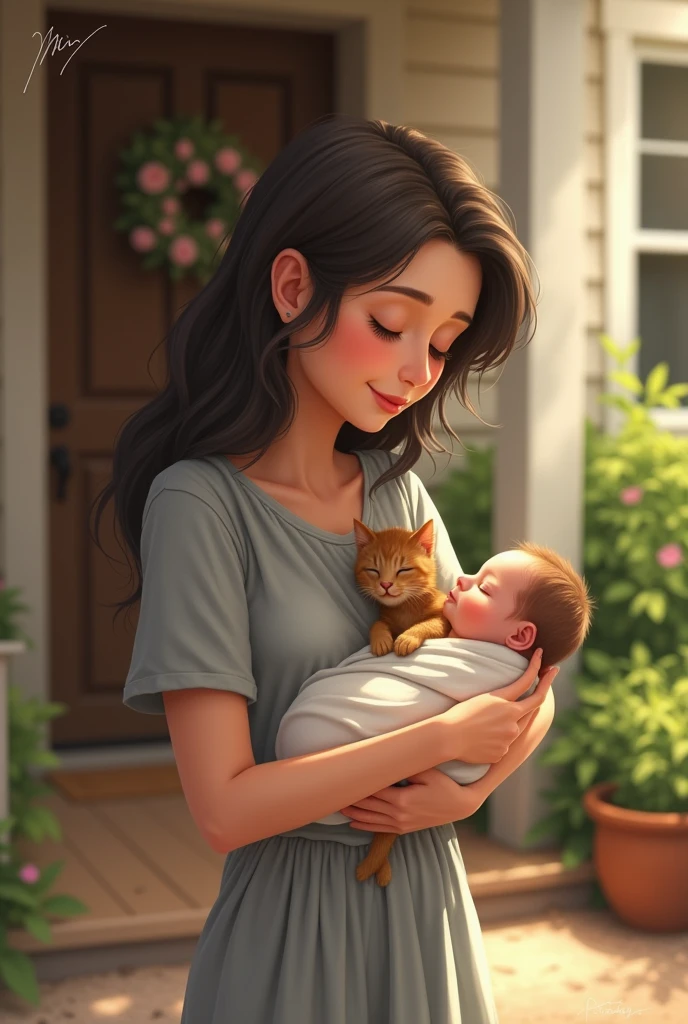 A caring mother holding onto her baby