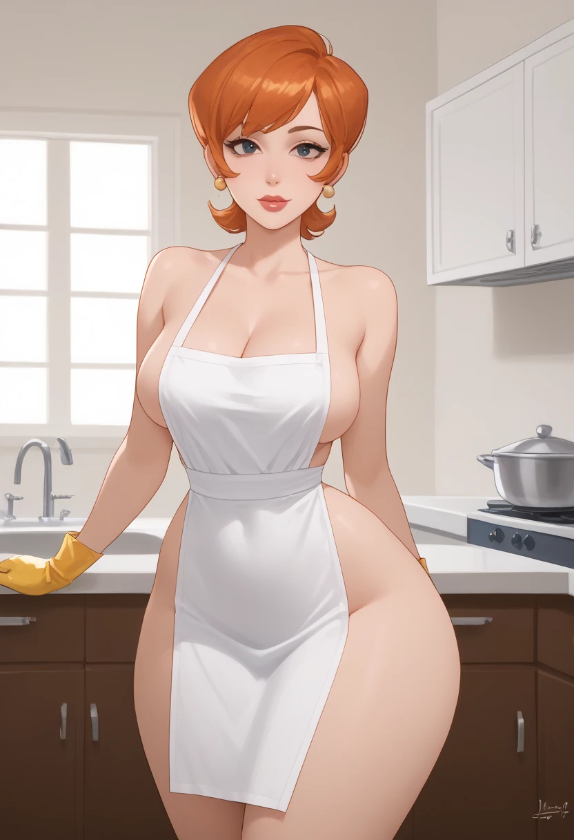  a girl, alone, breasts,  dextersmom, jewelry, Gloves, shirt, apron, kitchen, sexy body,  portrait,    mature woman  ,   simple background ,   thick thighs  ,  big ass,   showing slightly the slit, showing  big ass, to crouch,  nude, sleep in a bed