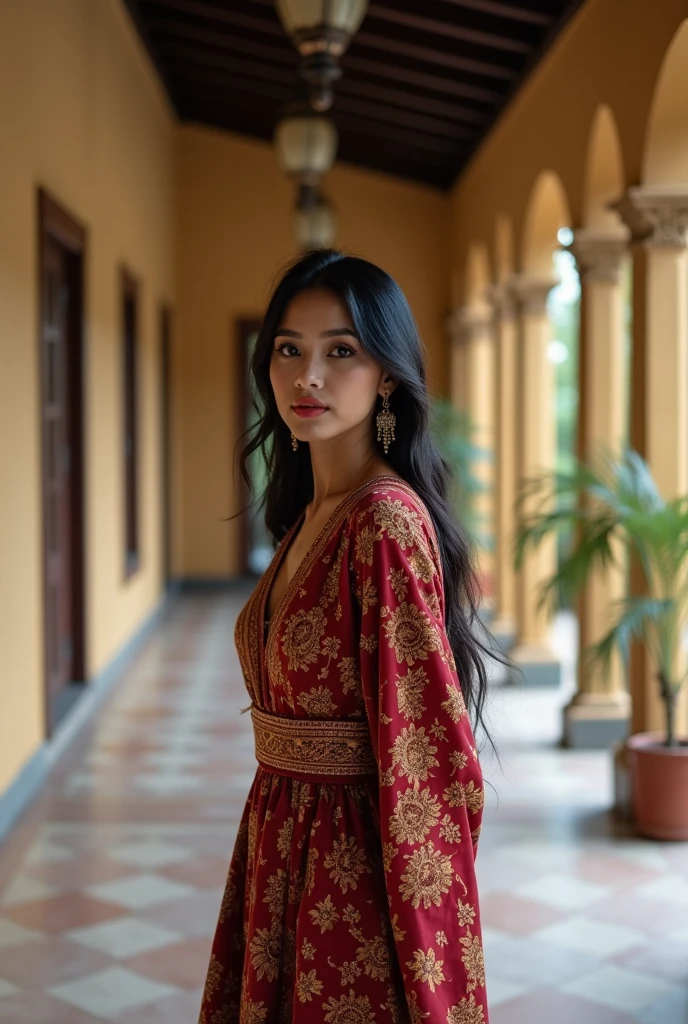 a beautiful woman wearing a tradional indonesian javanese clothes, she standing in the corridor