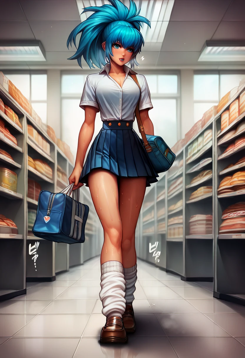 BREAK 1girls, walking, bag, looking fun, way to school, puppy, shop , BREAK 1girl,leonakofdg,blue hair,Sweat,(Sound Effects:1.3), Gal High School Girl Uniform 、 super mini skirt 、 Jacket and Shirt with a length that shows lower breasts, loose socks, Loafers,