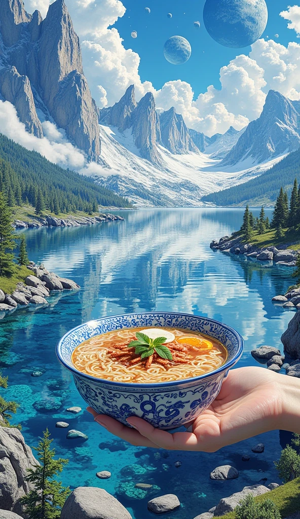 A large expanse of water in space,landscape.very beautiful gigantic huge realistic ramen\(clear soup reflecting beautiful landscape\). photogenic,focus ramen,close up ramen.