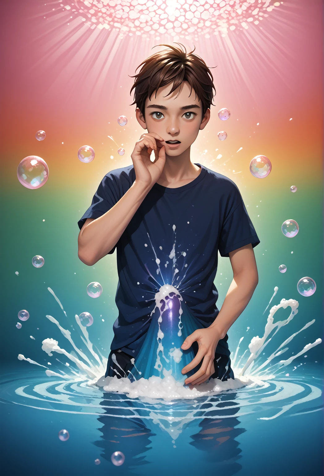  score_9, score_8_up, score_7_up,   Lot of Magical Bubbles in hand, hand up, around bubbles, magic light, magic power, glowing magical 紋章, dark smart boy, in colorful magical room, detailed Bubbles, detailed 泡石鹸,  soap bubble , bubbles glowing rainbow color, large big huge dildo under cloth,