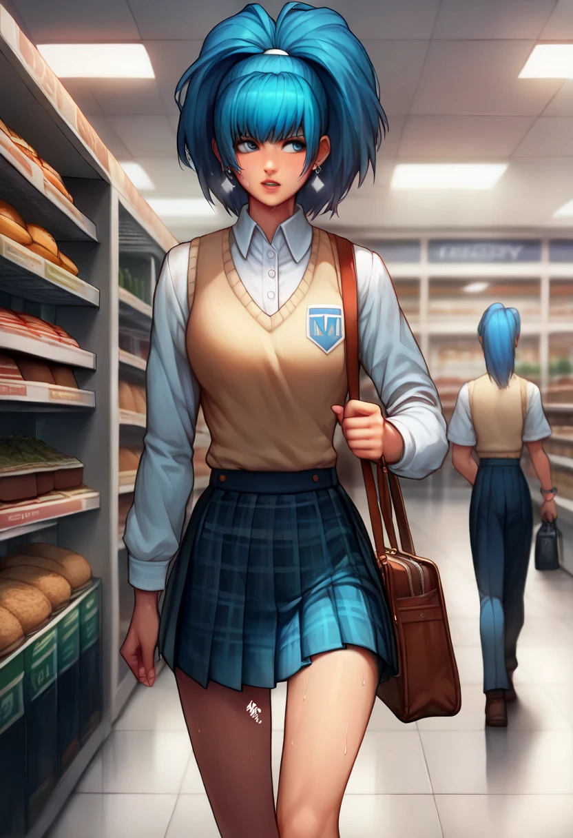 BREAK 1girls, walking, bag, looking fun, way to school, puppy, shop , BREAK 1girl,leonakofdg,blue hair,Sweat,(Sound Effects:1.3), school girl,(white collared shirt),long sleeve,(ivory white knit vest),(plaid pleated skirt),