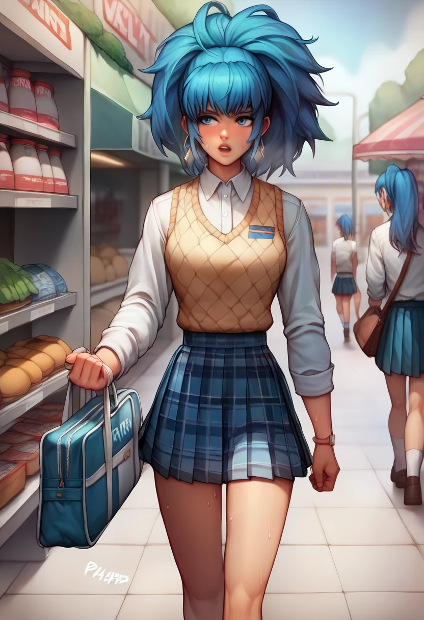 BREAK 1girls, walking, bag, looking fun, way to school, puppy, shop , BREAK 1girl,leonakofdg,blue hair,Sweat,(Sound Effects:1.3), school girl,(white collared shirt),long sleeve,(ivory white knit vest),(plaid pleated skirt),