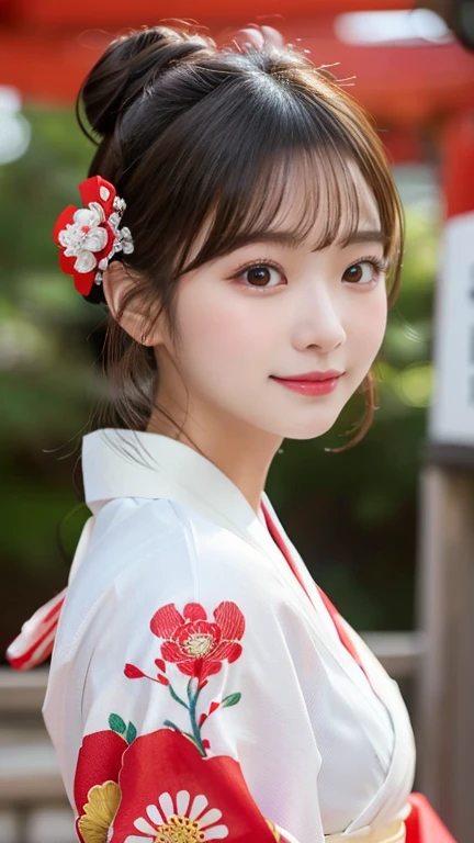 masterpiece、Actual Photos、(Cute looks:1.2)、(Cute beautiful girl:1.2), (Facial beauty:1.3),(Bun Hair:1.2)、( detailed and beautiful eyes :1.1),  cute eyes hidden in long bangs、( detailed eyes :1.3)、 small face 、(Popular Korean makeup:1.3),smile、( white and red kimono :1.2)、(Floral:1.3),(shrine:1.3),(Kanzashi:1.3)