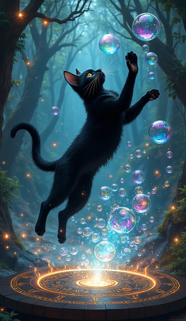 iridescent bubbles rising from the magic circle, black cat jumping to grab it, masterpiece