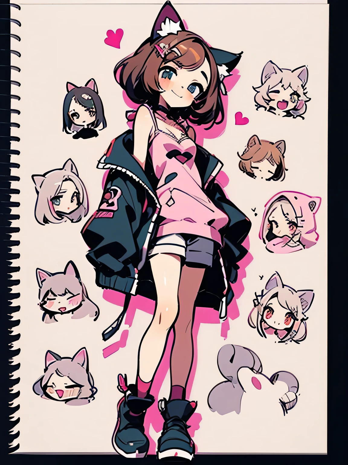 Alone,14years old,Lolita Face,brown color hair,parted bangs,(pink cat ear parca),open jacket cleavage cutout pink fullbody hoodie ,（Enchanting chest:1.3）,(very small breast),smile (I am the charactor:1.3),(manga style),(sketch),(illustration),