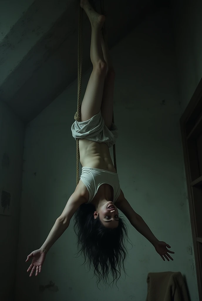 Highly detailed CG Unity 8k), (Highest quality)，(Very detailed)，(Ultra-high resolution), 1 female, (white cloth gag:1.4), rope bondage, small breasts, back rope bondage, thigh rope bondage, bust rope bondage, feet rope bondage, Put your arms behind your back, tied up wrist together behind her back, ankles rope bondage, (knee rope bondage:1.4), Brown long Hair, ( light blue panty, black bra), Watery eye, (Skirt length to floor:1.3), (Brown Loafers:1.4), (Lots of drooling:1.3), (Hanging upside down from the ceiling with your ankles tied:1.3), (slender body:1.3), abandoned room,