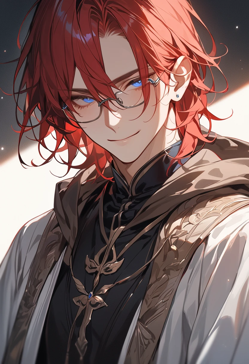 (Masterpiece, high resolution, best quality), solo, 1 male, 25-years old man, handsome, mild, short red hair, blue droopy eyes, silver glasses, thin, scholar clothes, brown hooded cape, smile, half body, looking at viewer