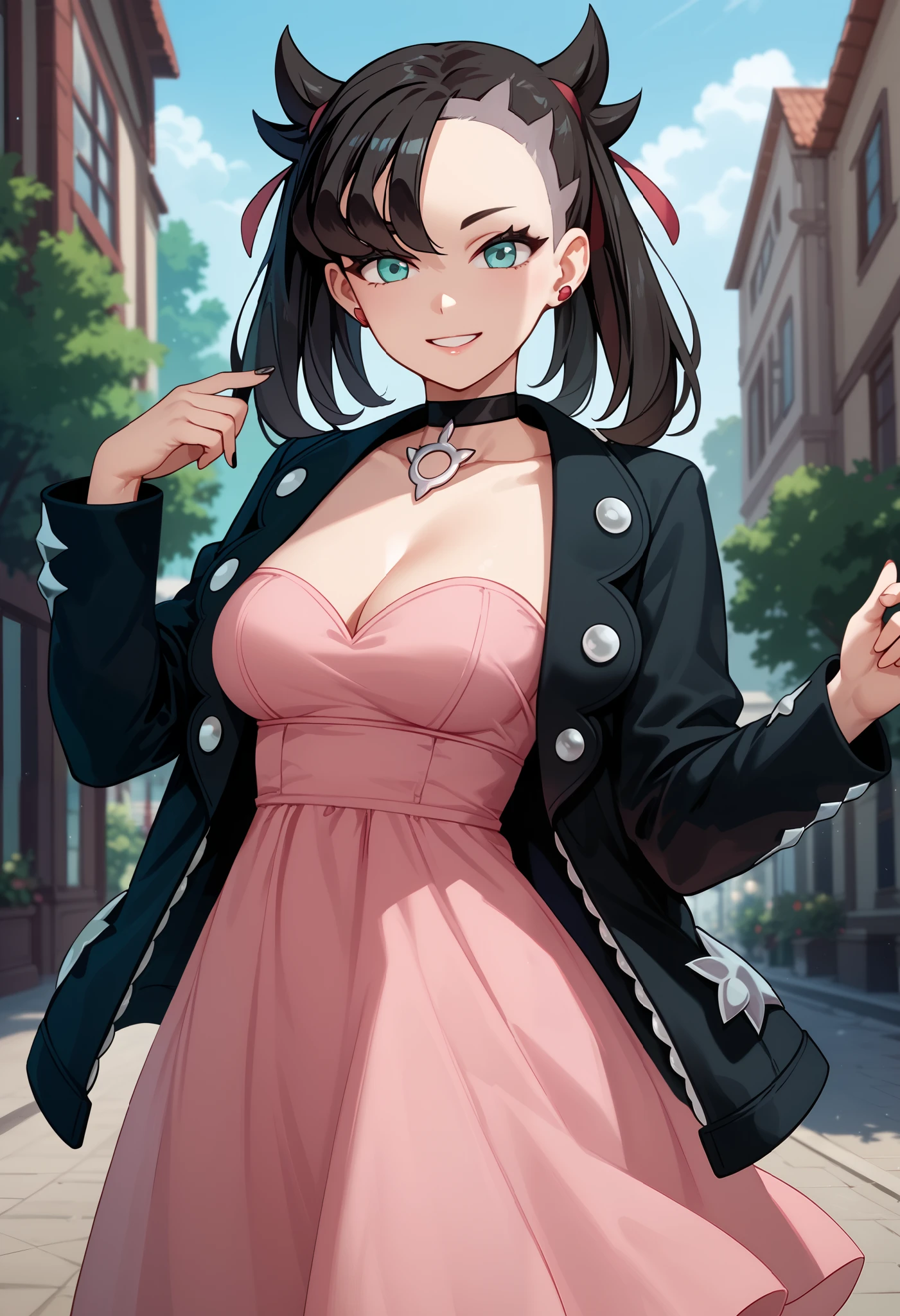 Perfect CG unity 8K UHD wallpaper, Perfect CG unity 8K UHD wallpaper, absurdres, marnie, aqua eyes, black choker, red ribbon, pink dress, jewelry, black jacket, open clothes, long sleeves,  solo, smiling, looking at viewer, cowboy shot,  cinematic composition,  contrapposto, large breasts, strapless dress,