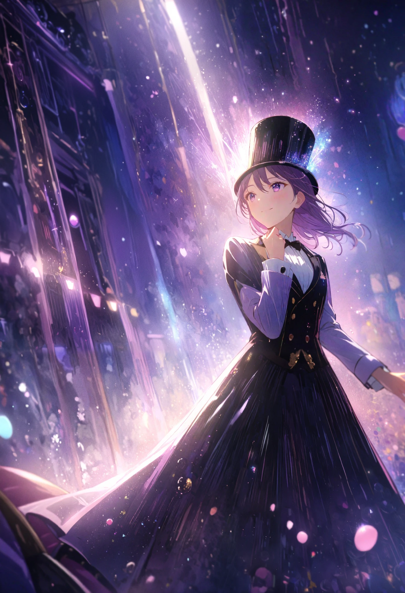 anime, bright scene, spectators,  girl , Cylinder Hat ,  Beautiful Tuxedo ,  Tie Purple ,  white shirt,  Black Patent Shoes ,  Bubbles Too Many All Over The Stage,  Bright Lights Light Up , beautiful colors, bright colors,  Complex Details , Works Magic, smiles, rejoices,  best quality , 8 k, masterpiece,