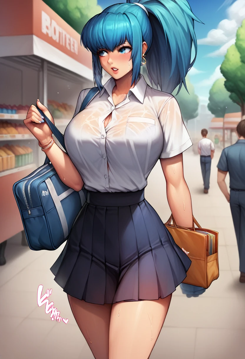 BREAK 1girls, walking, bag, looking fun, way to school, puppy, shop , BREAK 1girl,leonakofdg,blue hair,Sweat,(Sound Effects:1.3), short skirts and open-necked shirts,Stunningly beautiful schoolgirl,Schoolgirl uniform,Summer clothes,A uniform that seems to burst with big breasts,