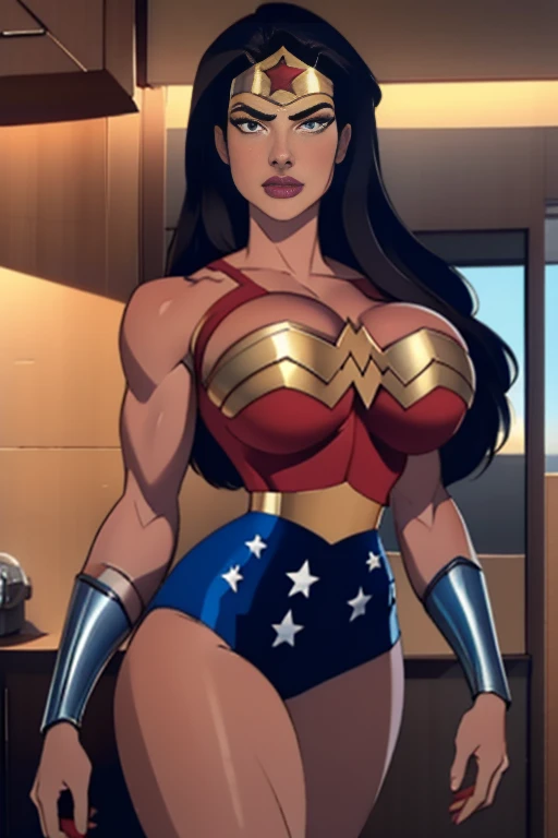 (High-definition CG), (   best quality ), (High-definition CG), (   best quality ), (Overall view)  cool and handsome face   ,   Wonder Woman costume    ,      beautiful young woman , 18 years old,       Toned and Muscular     ,  with a cool and handsome face   ,   sharp eye, Big Breasts, 