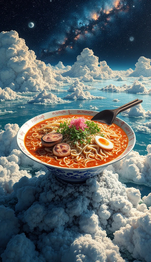 A large expanse of water in space,landscape.very beautiful gigantic huge realistic ramen with clear soup. photogenic,focus ramen,close up ramen.