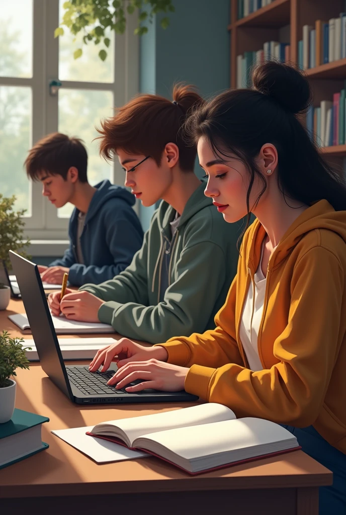 pupils,Computer,Learn English,looking at book,On The Home,Poster art style ,amarelo,Leave white space simple