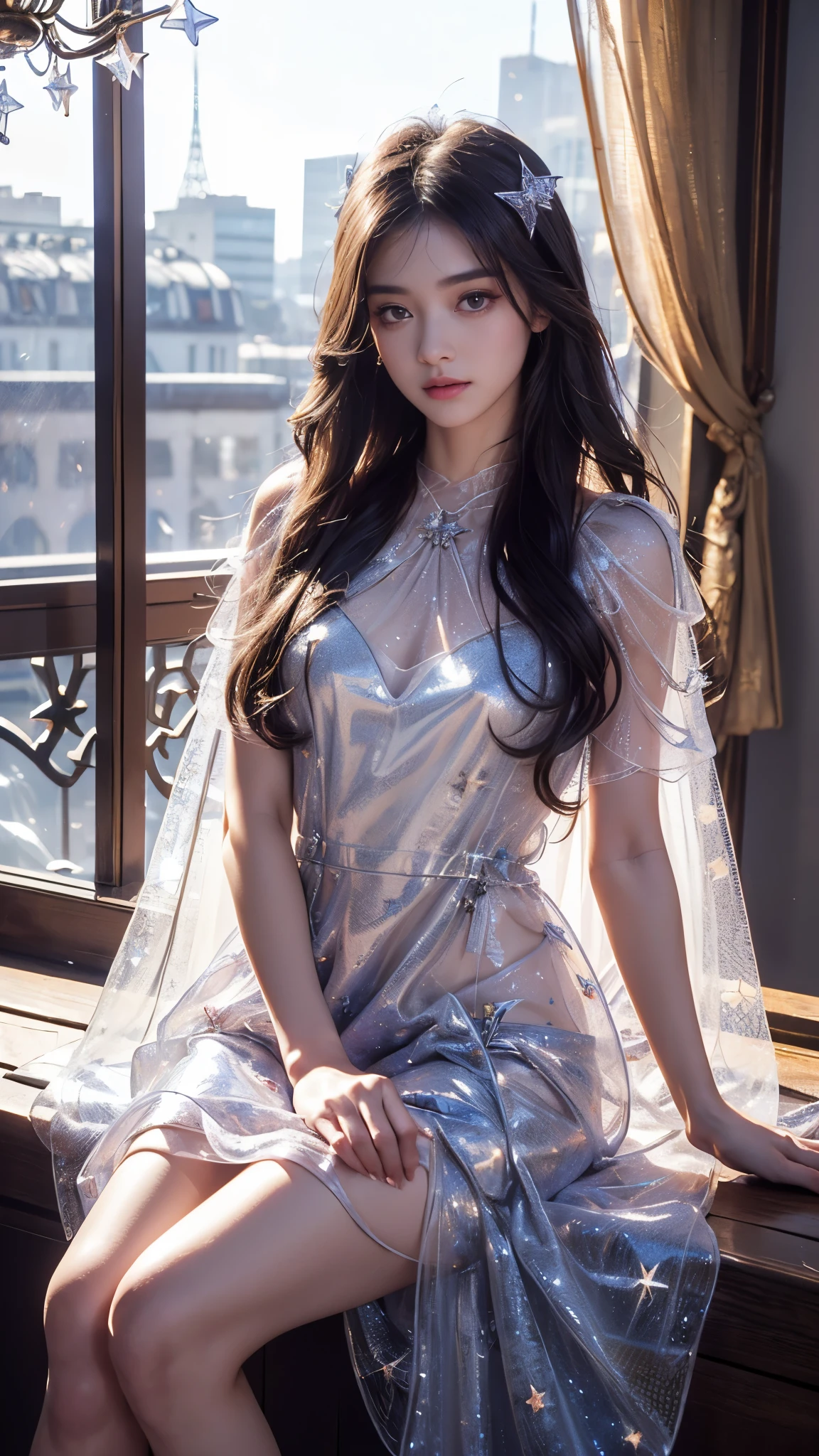 4k, UHD, masterpiece, 1 girl, good face, ((detailed eyes)), very long hair, impressive hairstyle, perfect brasts, fantasy cosplay, ((white cosplay)), strap cosplay, cape, night city, building, lamps, depth of field, reflection light, ((sparkle)), chromatic aberration,