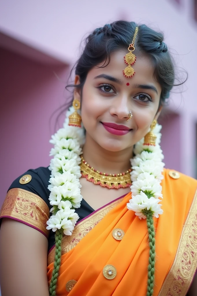 ((best quality)), ((masterpiece)), (detailed), Beautiful 24 years old indian girl in light transparent orange color textures saree with orange blouse. Close up photo to viewer from café table, cinematic:1.3, realism, beautiful lip, beautiful-cute brown eyes, beautiful thin wavy medium french styling brown hair, attractive neck, fair Chocolaty skin, beautiful strong cheekbones, medium height, skinny thin body shape,kind face, casual indian pose in the outside of park sitting on park cafe's chair at afternoon sunrise under the umbrella, smiling: 1.3, ponytail:0.5, deep shadow. 