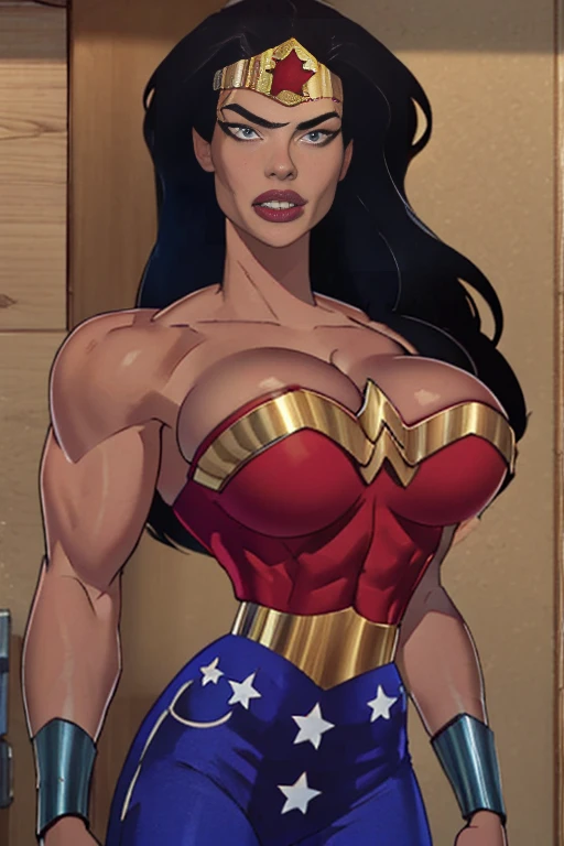 (High-definition CG), (   best quality ), (High-definition CG), (   best quality ), (Overall view)  cool and handsome face   ,   Wonder Woman costume    ,      beautiful young woman , 18 years old,       Toned and Muscular     ,  with a cool and handsome face   ,   sharp eye, Big Breasts, 