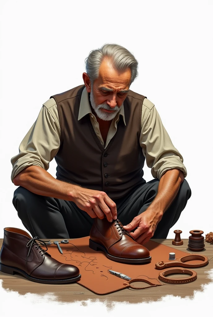 Repairing a vintage shoe in middle age. A  next to him is watching what he is doing.