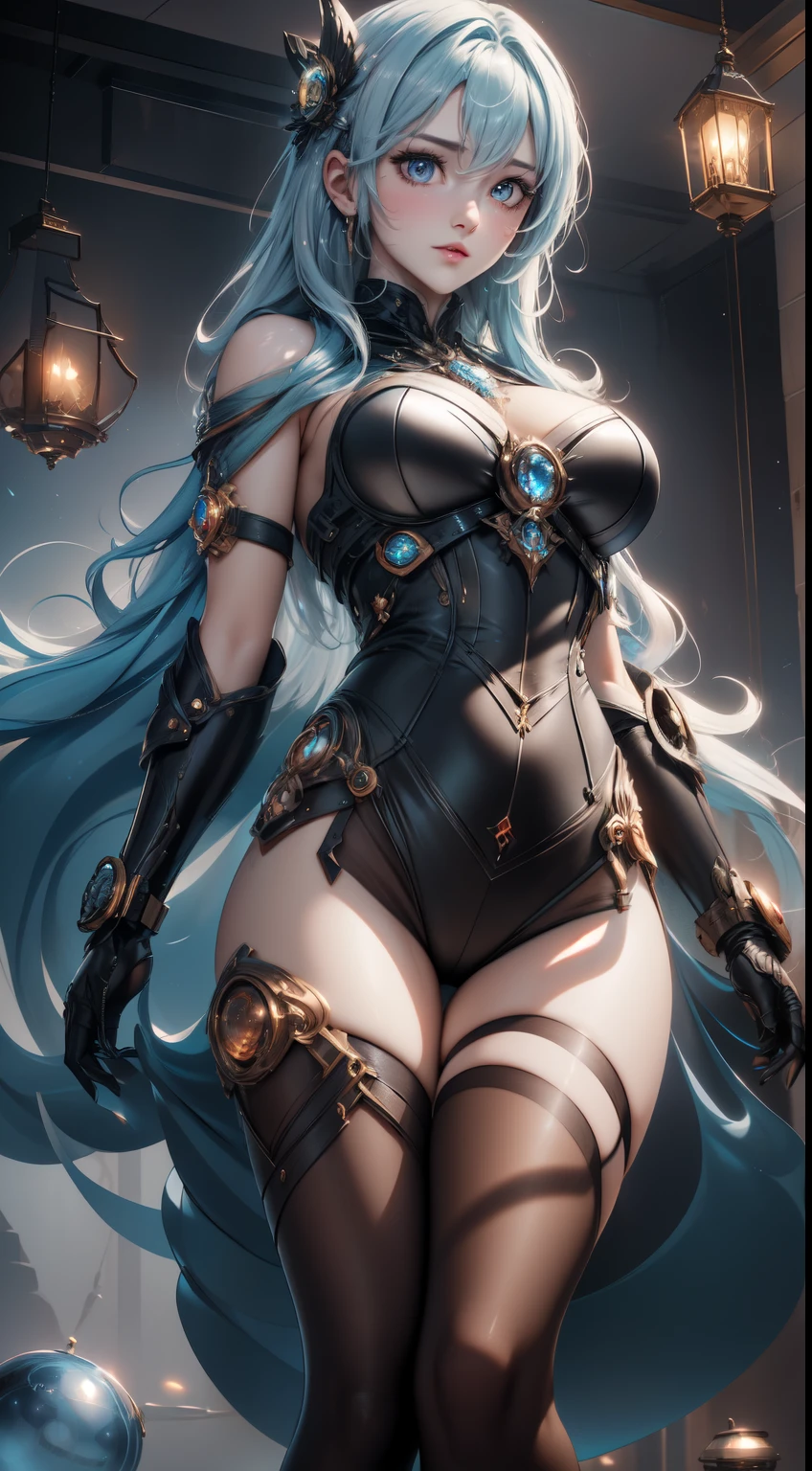 Dirty female elf mechanic, In a complex mechanical room,Exquisite hands,,finely quality eyes,1girll, (Solo:1.5), Full body shot,, Wear only one overalls,, Blue eyes ,Slim figure,Large breasts, Glasses, Hair combed into a messy bun,Golden hair,slimfigure,rimless eyewears,Covered in oil,Dimly lit room。