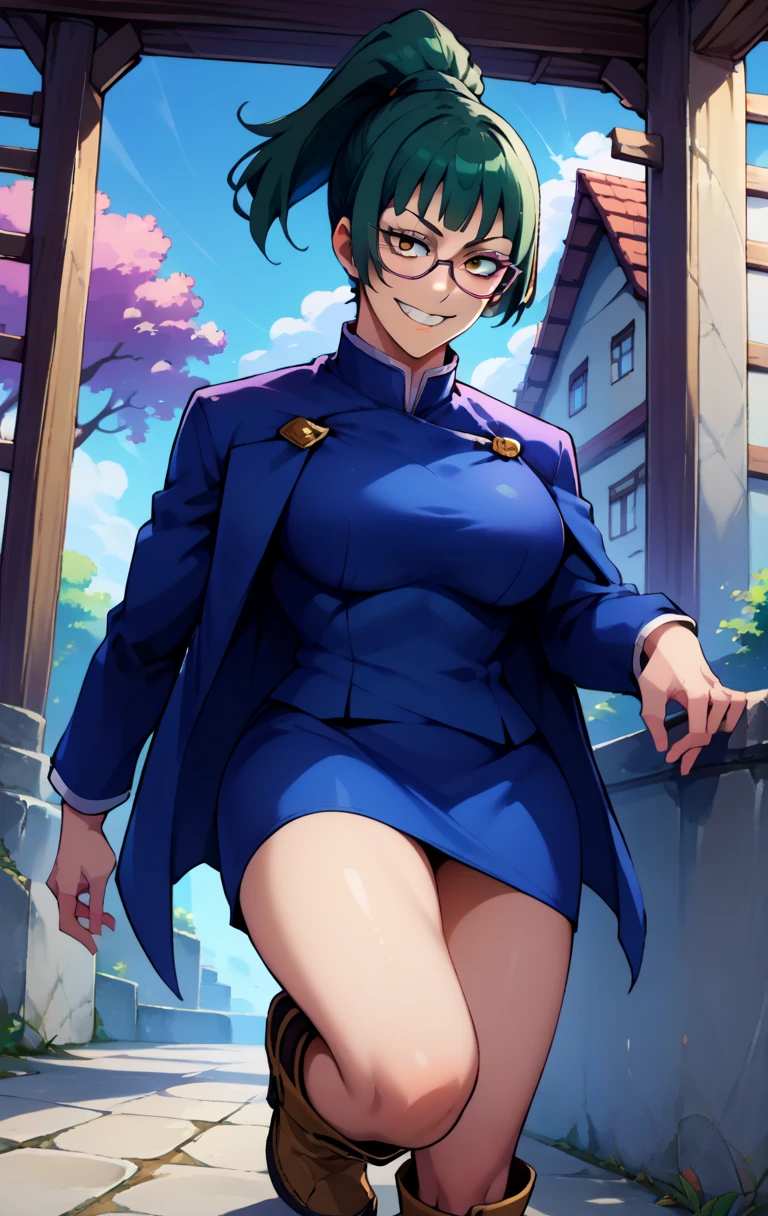 score_9, score_8_up, score_7_up, score_9, source_anime, BREAK   MakizeninSDXL, 1girl, solo, breasts, looking at viewer, smile, short hair, bangs, skirt, large breasts, long sleeves , jacket, golden eyes, ponytail, boots, green hair, glasses, blue skirt, backlighting  nsfw, sexy legs, deepthroat 