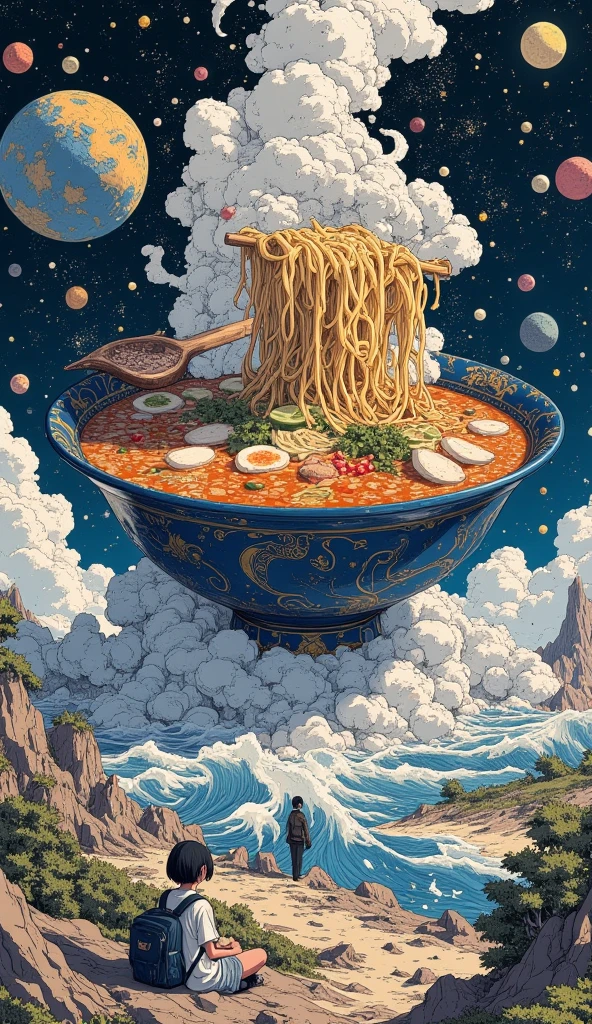 A large expanse of water in space,landscape.very beautiful gigantic huge realistic ramen with clear soup. photogenic,focus ramen,close up gigantic ramen.