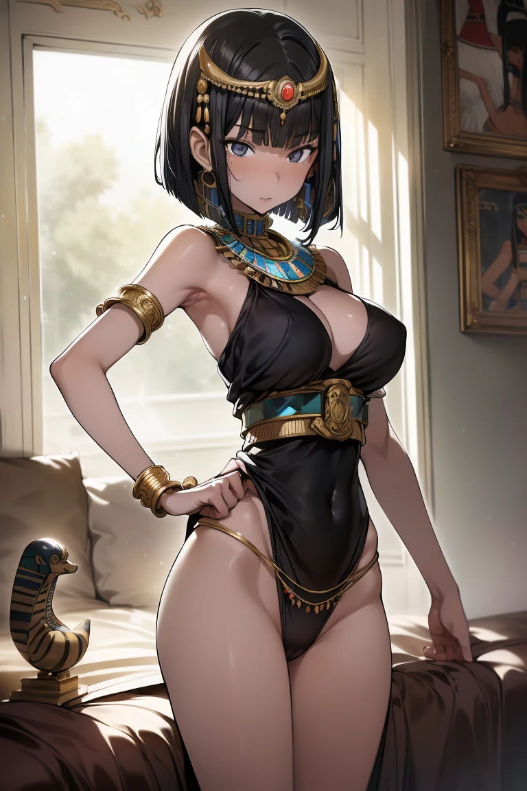 ((masterpiece, high definition ,8k)),(( Very detailed,Perfect picture)),( perfect anatomy ), (ideal ratio body proportions:1.5),
(skin（Skin）Dark-colored woman （women）, flat chested,slender,navel,( with dark hair bob cut :1.3),dark skin,Small and beautiful eyes,Droopy eyes, gray eyes), (inside an Egyptian palace:1.2) ,( Cleopatra,Egyptian Princess:1.3),(thong:1.4),(dress lift:1.5),smile,cowboy shot,between legs,fish-eye lens, sitting ,Spread legs, (show off armpit:1.2),