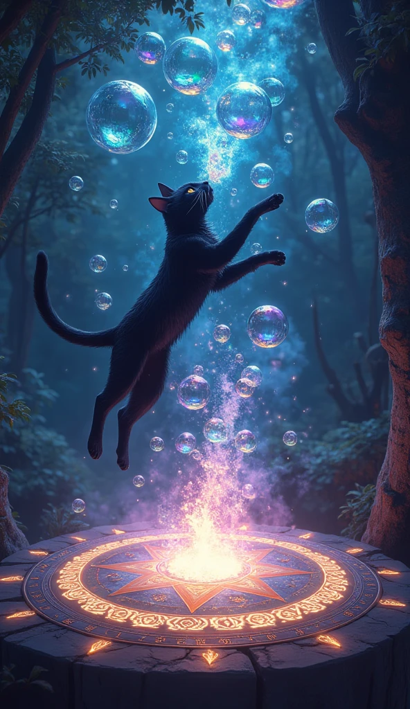 iridescent bubbles rising from the magic circle that glows in fluorescent colors, black cat jumping to grab it, fantasy art, masterpiece