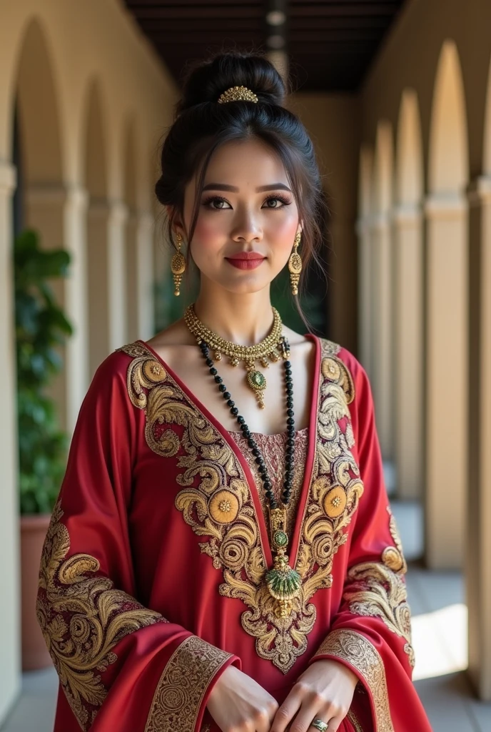 a beautiful woman wearing a traditional Indonesian Javanese clothes, she standing in the corridor, neatly hair bun Javanese style, detailed face with flawless makeup
