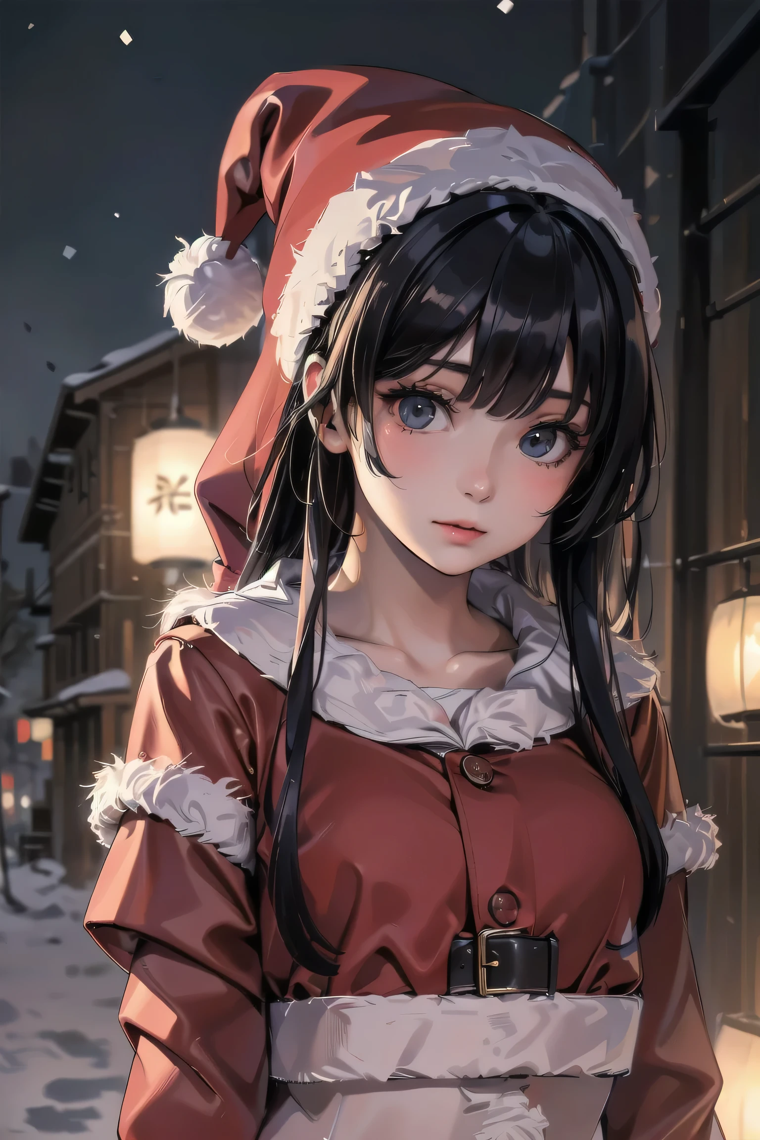 score_9,score_8_up,score_7_up,source_photo, realistic,photo,(sharp focus),(backlit photo:1.4),dramatic shadows,raw lighting,dynamic angle,upper_body,
BREAK, Japanese beautiful girl, black eyes, shortcut,asymmetrical hair, (red santa hat with white fluffy fur:1.2),
outdoor,night,night_sky,neon lights in the city,illumination,christmas_tree,snow,