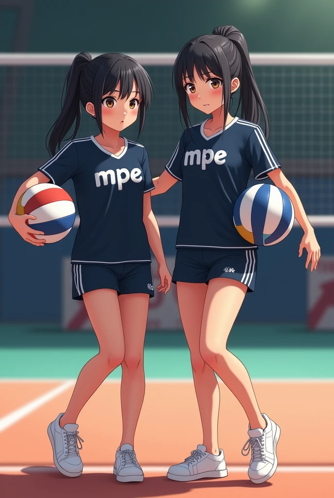 Corpo e Silhueta: Tomoe has a slender and athletic silhouette, destacando sua agilidade e habilidades em combate.Obra de arte,melhor qualidade, cabelo castanho claro, rabo de cavalo com camadas, olhos de anime cinza, volleyball t-shirt with number 4, medium breasts, linda, sorriso bonito, with a volleyball in hand, olhando para o espectador, black skirt and white Jordan sneakers, mulher.