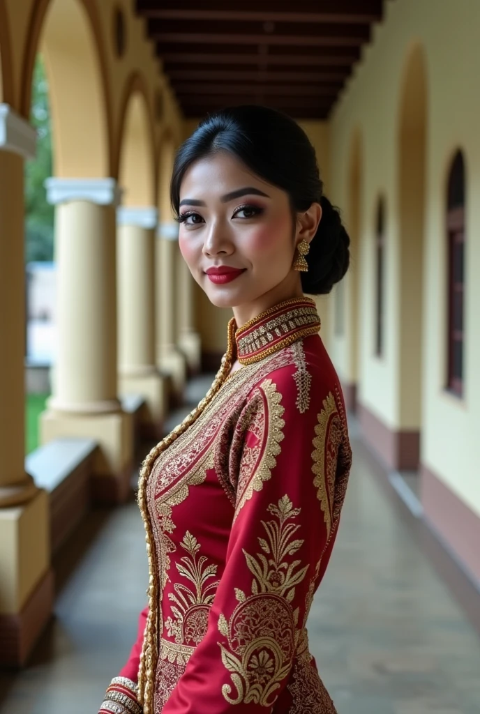 a beautiful woman wearing a traditional Indonesian Javanese clothes, she standing in the corridor, neatly hair bun Javanese style, detailed face with flawless makeup
