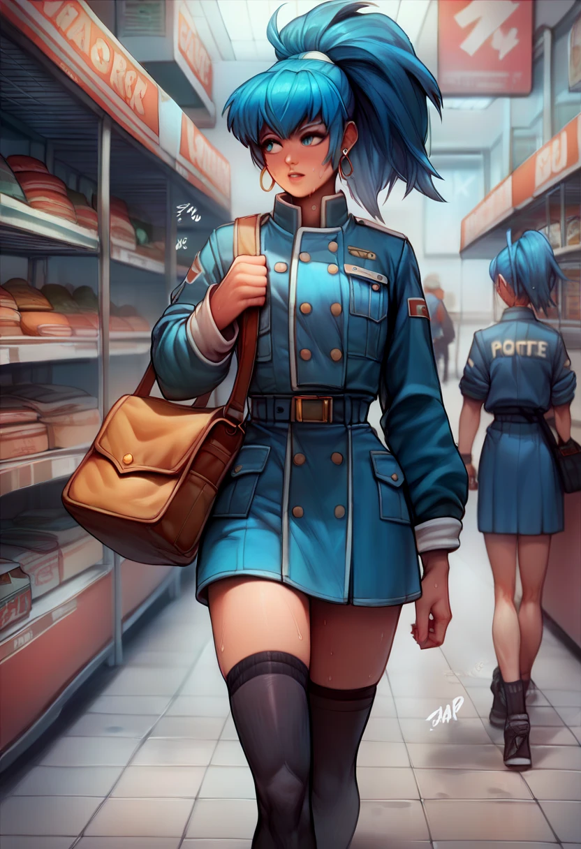 BREAK 1girls, walking, bag, looking fun, way to school, puppy, shop , BREAK 1girl,leonakofdg,blue hair,Sweat,(Sound Effects:1.3), blue military jacket, blue jacket, military uniform, thighhighs,