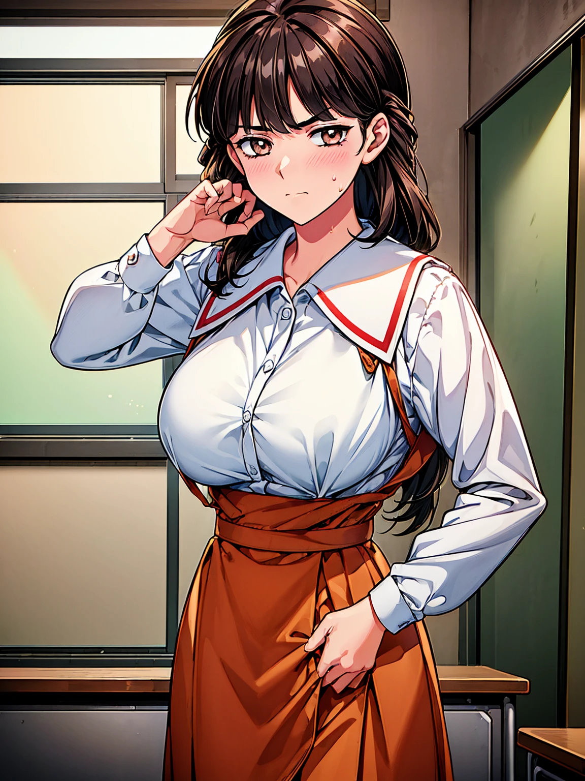 School uniform, red ribbon,long sleeves,white shirt,Brown Vest, black_hair,Long_hair,Bangs,Brown_eyes,Yellow hair ribbon, 1 girl, 18yo,Young female,Beautiful Finger,Beautiful long legs,Beautiful body,Beautiful Nose,Beautiful character design, perfect eyes, perfect face,expressive eyes,perfect balance, looking at viewer,closed mouth,serious, official art,extremely detailed CG unity 8k wallpaper, perfect lighting,Colorful, Bright_Front_face_Lighting,shiny skin, (masterpiece:1.0),(best_quality:1.0), ultra high res,4K,ultra-detailed, photography, 8K, HDR, highres, absurdres:1.2, Kodak portra 400, film grain, blurry background, bokeh:1.2, lens flare, (vibrant_color:1.2),professional photograph, (Beautiful,large_Breasts:1.4), (beautiful_face:1.5),(narrow_waist), break ((School uniform)), laced panties and bra, break 2girl, at classroom, ((standing at classroom at side by side:1.2)), Cameltoe, exposed pussy, ((a lot of public hairs:1.4)) ,looking at viewer, break ((2janitor's men, pulling down panties:1.3)), break (embarrassed:1.2)),((blush:1.2),sweat, break in classroom, (detailed classroom interior:1.3),