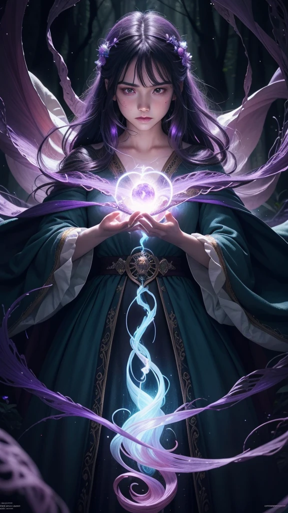 (masterpiece, best quality:1.4),(absurdres, highres, ultra detailed:1.2), (1 beautiful woman:1.4),(using dark magic:1.4),purple magic,playful illustrations, imaginative overlays, artistic fusion,fantastical scenes, evocative narratives, striking visuals, upper body