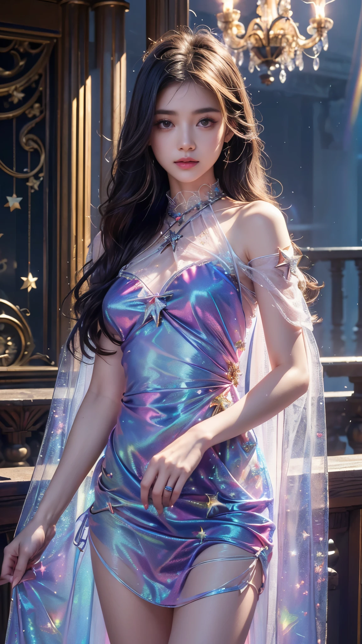 Xuer hologram Laser dress in the depths of wonderland,Moonlight falls like water,Foggy Room,The heroine's figure is vaguely visible,Like a fairy in a painting,Slender sexy legs,Very beautiful legs,Large Breasts,Visible cleavage,美丽而又带着一丝mystery的色彩。Her face is beautiful and delicate,Showing extraordinary beauty。Twinkling Stars,Show the light of perseverance and wisdom。The bridge of the nose is straight,Cherry lip color,The slightly upturned corners of the mouth reveal confidence and calmness。Clearly defined face,Skin like jade,Reveal healthy glow,Just like fairies, Her makeup is light and delicate,No excessive embellishment,Show her temperament and charm。Light foundation highlights the translucence of the skin,A light eyebrow pencil outlines her perfect eyebrow shape,Eye makeup is eye shadow and eyeliner,Make her eyes brighter、Energetic。嘴唇涂上grace的口红,Add a touch of charm and sophistication。Clothes fluttering。Hair tied haphazardly behind the head,Secure with a jade hairpin,A few strands of hair fluttering gently in the wind,Add a touch of softness。Beautiful landscape,Attracted everyone's attention。Large Breasts美丽、grace、mystery、Full of power。