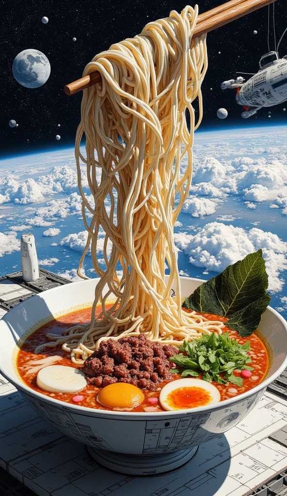 A large expanse of water in space,landscape.very beautiful gigantic huge realistic ramen with clear soup. photogenic,focus ramen,close up gigantic ramen.