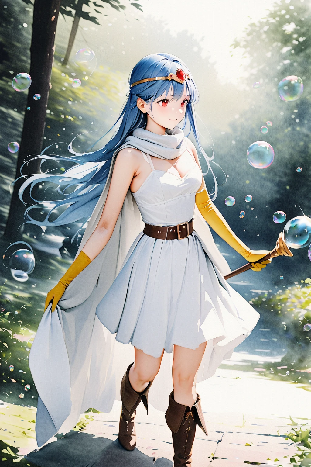 (Watercolor:1.5),((((Magical bubbles)))),Masterpiece, highest quality, ultra-definition, illustration, sage_(dq3), 1 girl, (magic big wand), Alone, long hair, blue hair, circlet, red eyes, large, yellow gloves, ((White Miniskirt Dress)), (belt), cape, boots, cleavage, bare shoulders, underwear, standing, full body, Grass, windlift, forest,, smile, Details, best quality,Master Piece, high definition ,((The magic of bubbles that wrap the whole body))、accelerate、((masterpiece,  best quality,  Max Image ,  high definition ,  Photorealistic ,  RAW photos , 非常に DetailsなCG統一8Kの壁紙)),