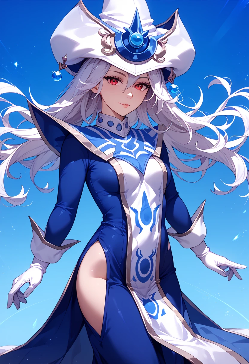 Perfect CG unity 8K UHD wallpaper, Perfect CG unity 8K UHD wallpaper, silentmagician, white hair, red eyeswizard hat, blue dress, hip vent, long sleeves, white gloves, tabard, pelvic curtain