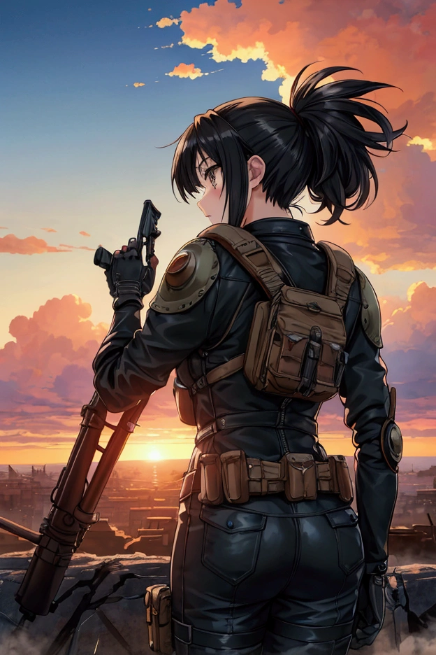 Masterpiece,Best quality, ultra detailed,Anime style,  Post-apocalyptic, devastated world, horizon, sunrise, sky about to dawn, girl, black hair, goggles, boyish, traveler's costume, motorcycle, back view, decadent atmosphere, a moving scene full of beautiful light. ,