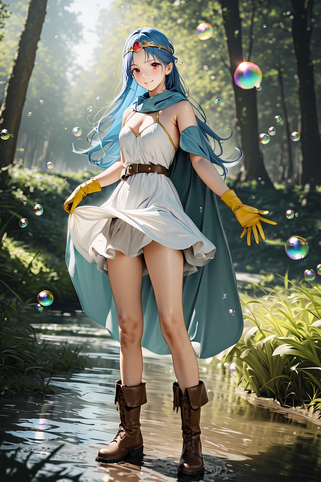 ((((Magical bubbles)))),Masterpiece, highest quality, ultra-definition, illustration, sage_(dq3), 1 girl, (magic big wand), Alone, long hair, blue hair, circlet, red eyes, large, yellow gloves, ((White Miniskirt Dress)), (belt), cape, boots, cleavage, bare shoulders, underwear, standing, full body, Grass, windlift, forest,, smile, Details, best quality,Master Piece, high definition ,((The magic of bubbles that wrap the whole body))、accelerate、((masterpiece,  best quality,  Max Image ,  high definition ,  Photorealistic ,  RAW photos , 非常に DetailsなCG統一8Kの壁紙)),