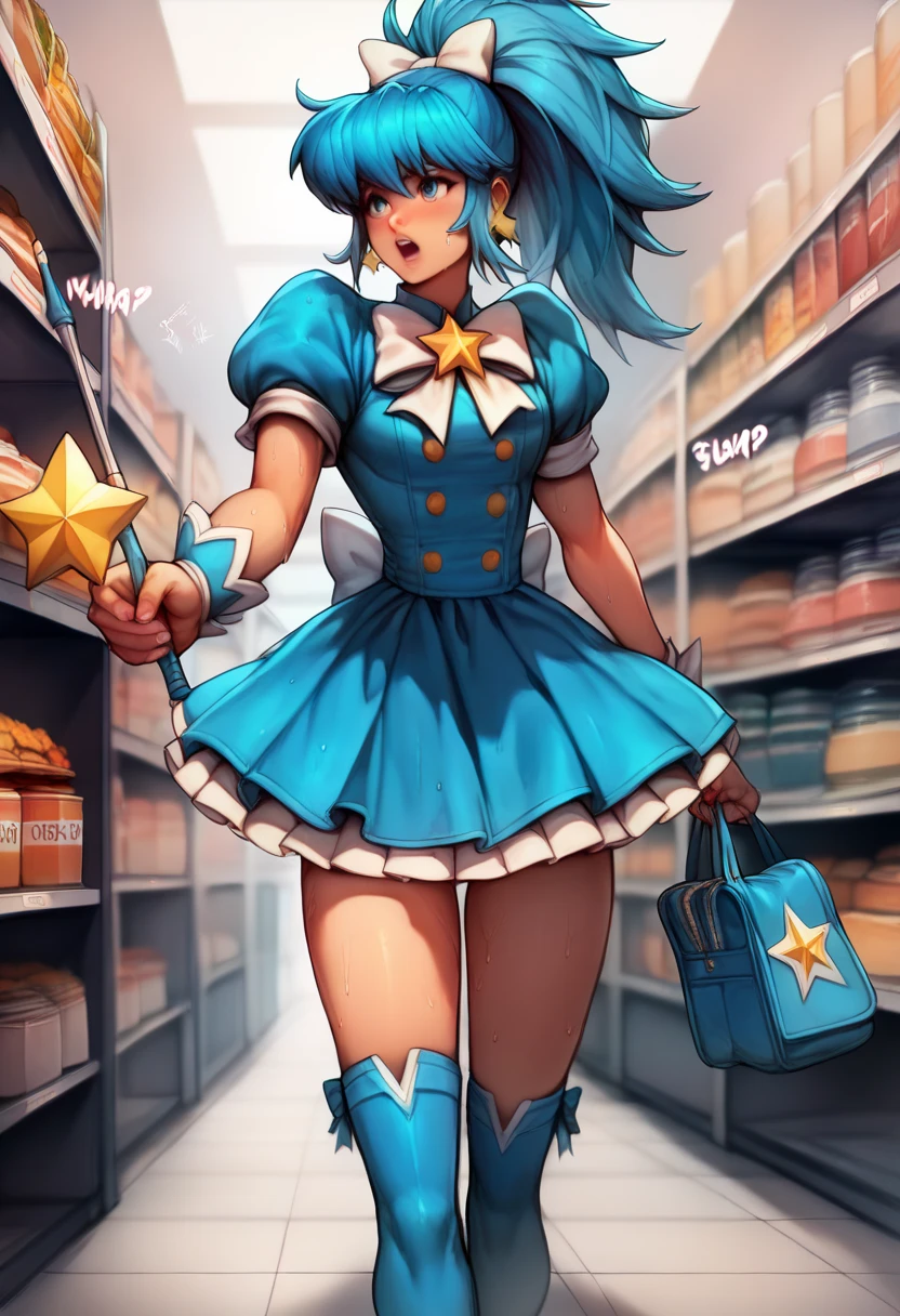 BREAK 1girls, walking, bag, looking fun, way to school, puppy, shop , BREAK 1girl,leonakofdg,blue hair,Sweat,(Sound Effects:1.3), magical girl, gorgeous costumes with brightly colored frills and ribbons, and have a shining magic wand in their hands, thigh high socks, thigh high boots,