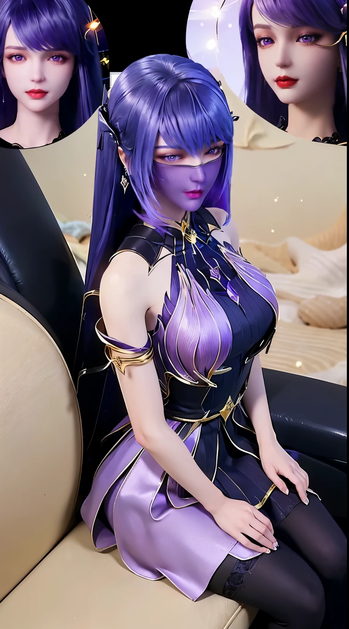 1 beautiful and sexy 20 year old girl, ((wearing a super purlpe dress:1.6)), ((a dress with diamonds:1.7)), ((long purple hair:1.6)), jewelry elaborately made from precious stones and beautiful hair, ((A thin red silk scarf covers half of the face:1.5)), (((wearing a thin light purple silk mask:1.5))), the noble, noble style of an extremely beautiful girl, her small face is super cute, her face is very pretty, thin eyebrows, flawless beautiful face, ((black eye pupils: 0.8)), very beautiful eyes, ((purple eyes: 1.6)), (((big round eyes:1.6))), nice makeup and hair detailed eyelashes, steamy eye makeup, high nose, earrings, red lips, ((closed mouth: 1.5)) beautiful lips, slim hands, most beautiful thighs, ((arms spread out to the sides: 1.5)), rosy face, clean face, flawless beautiful face, smooth white skin, (big breasts: 1.5)), ((high breasts: 1.6)), tight breasts, beautiful cleavage, (((big breasts and super round: 1.8))), ((super tight breasts: 1.7)) , beautiful breasts, perfect body, back arms, chest out, ((thin black mesh stockings with black lace trim:1.5)), ((sitting position with chest up and arms behind: 1.6)), ((open your legs:1.2)), don't be shy, 8k photo, super high quality, super realistic, super 10x pixels, optical, bright studio, bright edges, dual-tone lighting, (high-detail skin:1.2), super 8k, soft lighting, high quality, volumetric lighting, photorealistic, photorealistic high resolution, lighting, best photo, 4k, 8k quality, blur effect, smooth sharp, 10 x pixel, ((Beach at night and fireflies background:1.5)), aurora, lightning, super graphics realistic, most realistic graphics, 1 girl, alone, solo, Extremely sharp image, surreal, (((frontal portrait: 1.5)))."