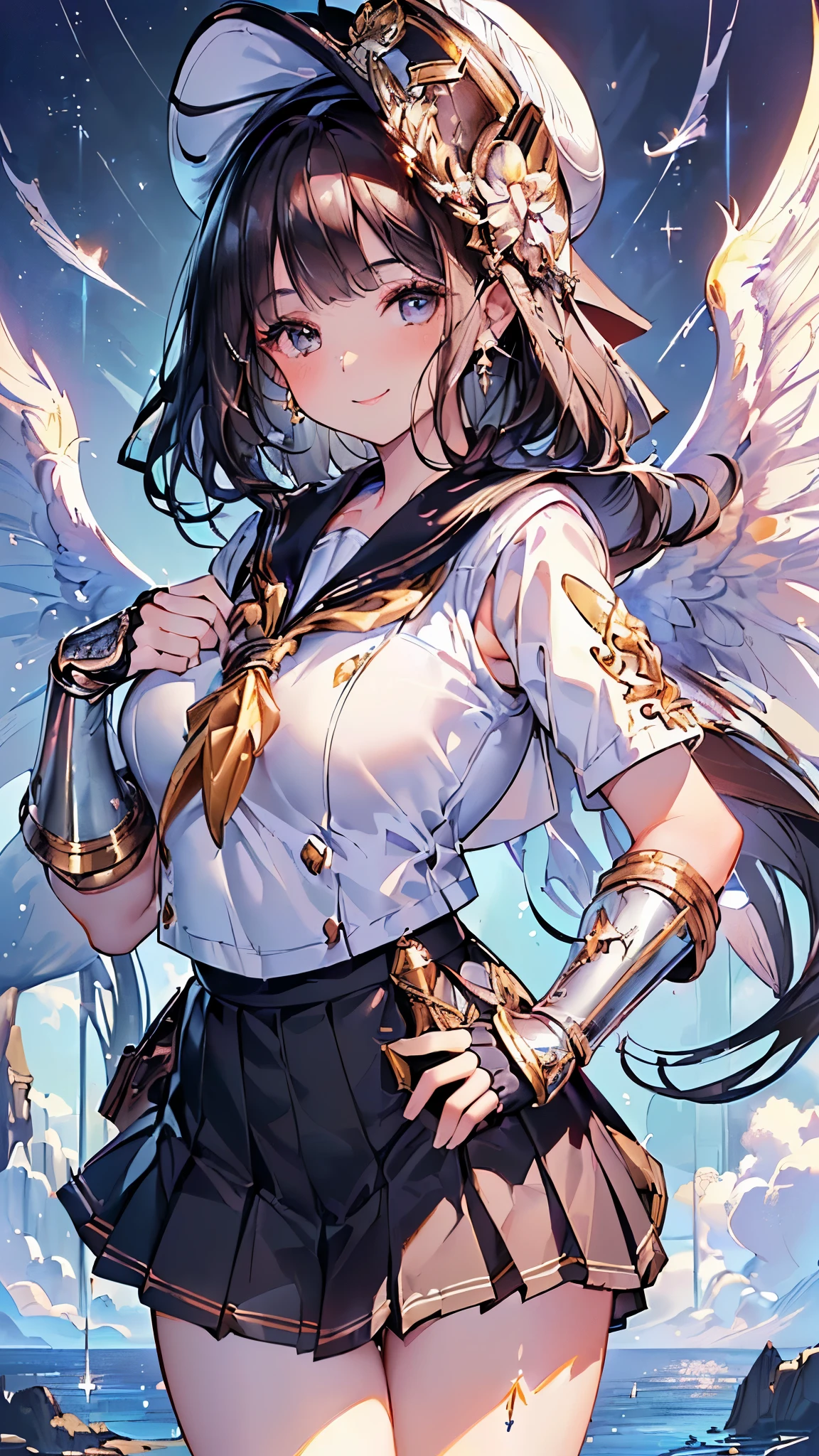 (( best quality)),( ultra high resolution),( super detailed),( detailed description ),(( best CG )),(masterpiece), Highly Detailed Art ,( Art with precise details :1.5), (A woman transferred to a fantasy world:1.8),( A beautifully arranged face :1.5),(smile:1.5),( black hair gathered together :1.6),( sailor suit :1.6),( mini pleated skirt :1.4),( lightweight gauntlet with sparkling jewels:1.4),(Hat with wings :1.3)