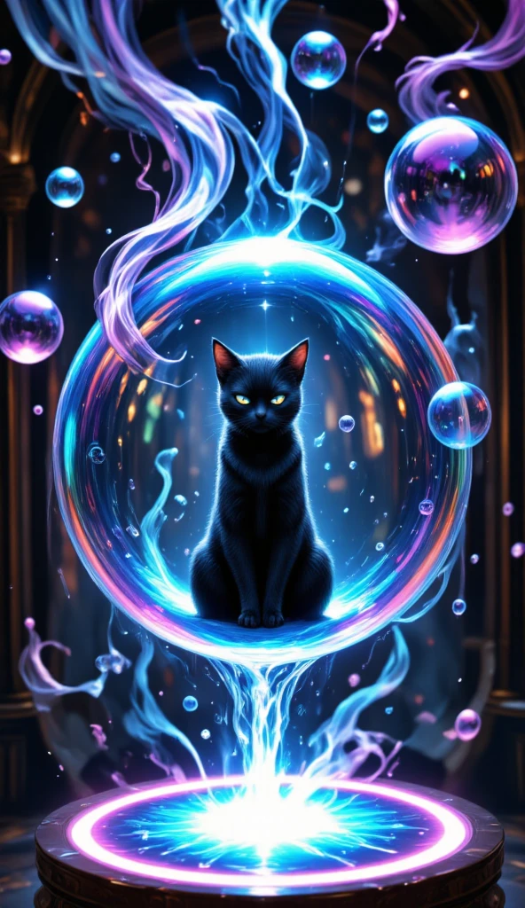 iridescent bubbles rising from the magic circle that glows in fluorescent colors, black cat trapped and floating in a bubble, fantasy art, masterpiece