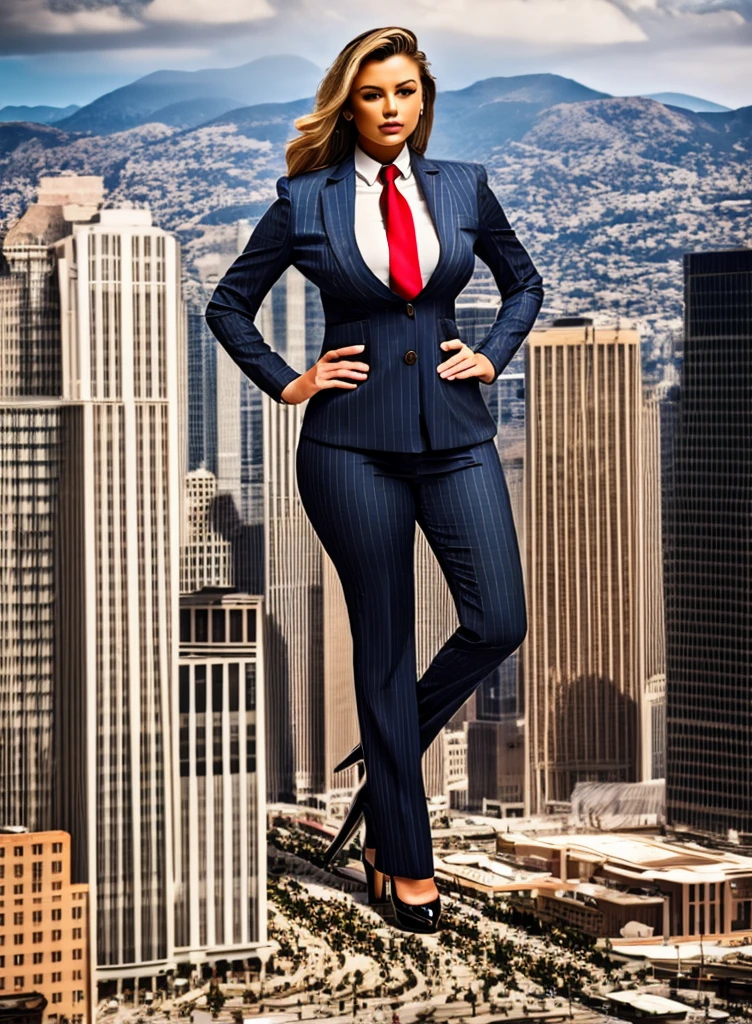 A stylish 10 mile tall woman in a light grey pinstripe pant suit, white shirt, and a large wide paisley necktie in a windsor knot, with a beautiful, curvaceous figure, massive breasts, and long blonde wavy hair, with a curvaceous figure and natrual breasts. wearing red rounded platform high heels with uncovered feet and standing, rampage-like pose, with a cityscape background of mega-city, partially obscured by a hazy, cloudy atmosphere. The image is a high-resolution, masterpiece-quality, cinematic, ultra-detailed, and hyper-photorealistic photograph, with perfect hands, face, and lighting. ultra-detailed, 8K, photo-realistic, hyper-realistic, masterpiece, intricate details, full body view. Looking at camera, The image is a high-resolution, masterpiece-quality, cinematic, ultra-detailed, and hyper-photorealistic photograph, with perfect hands, face, and lighting. ultra-detailed, 8K, photo-realistic, hyper-realistic, masterpiece, intricate details, full body view