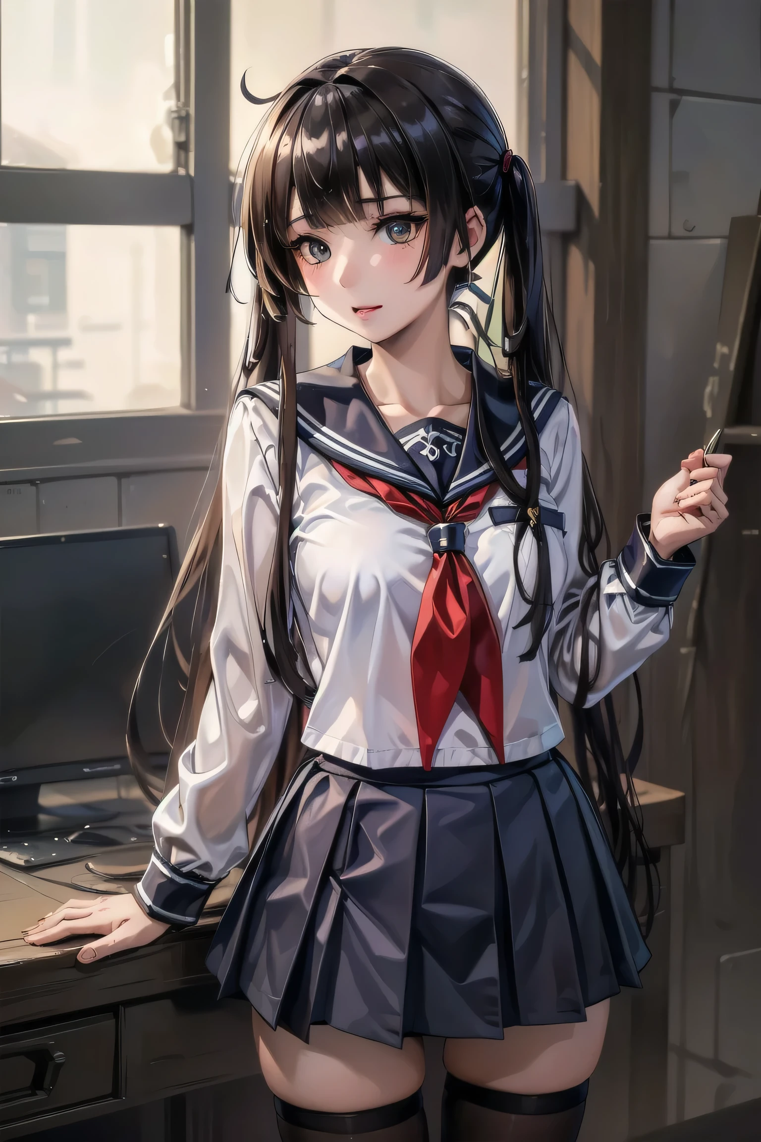 masterpiece,best quality,very aesthetic,absurdres,
1girl,solo,azur lane,roon \(azur lane\),yandere,shaded_face,
oohashi high school uniform,school uniform,thighhighs,skirt,(chibi:1.2),standing,