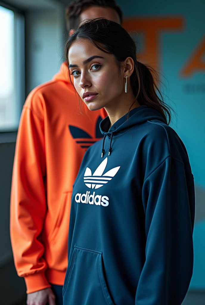 Make a shiny silver Adidas sweatshirt, next to a furry hat, millionaire style